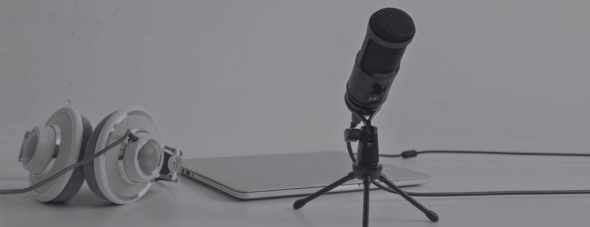 microphone, laptop and headphones
